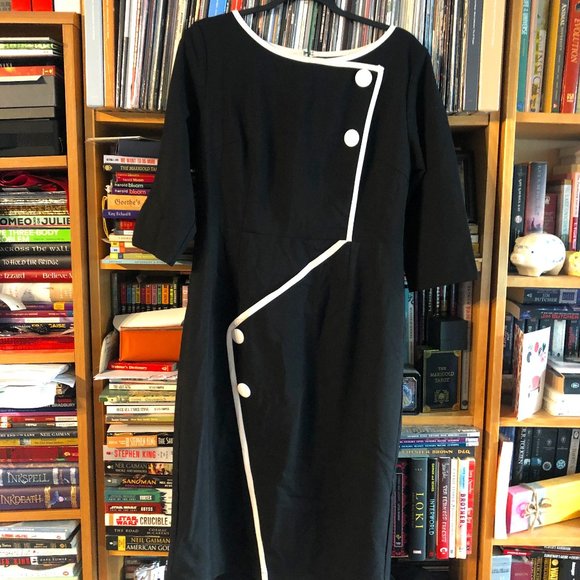 Grace and Glam Size XL Black Pencil Dress with White Button and Trim - Picture 1 of 4